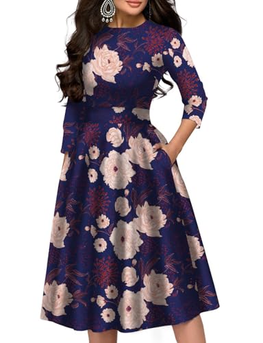 Simple Flavor Womens Floral Vintage Midi Dress 3/4 Sleeve Navy Yellow M