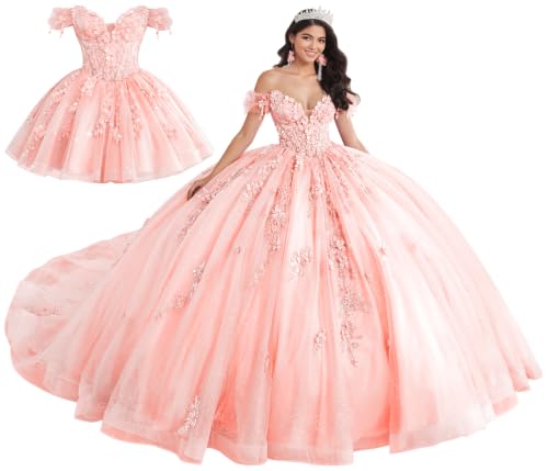 DXUOPL Royal Quinceanera Gown for Women Removable Skirt Blush Pink Plus 16 | 2 Pieces Removable Skirt, Sweetheart Glitter Tulle, Layered 3D Appliques, Separates Quinceanera Dress, Teen Pageant Contests