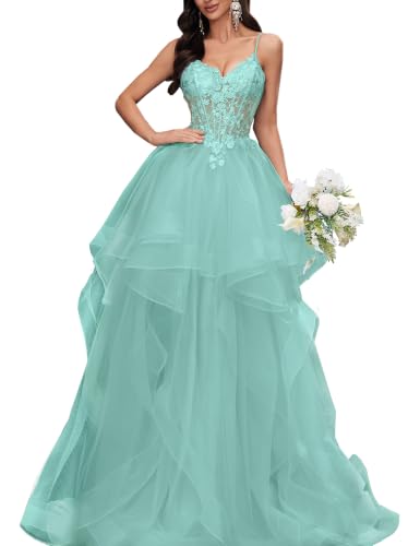 VOUIAO Tulle Prom Dress Long Ball Gown Formal Evening Gown Mint Blue S