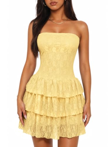 Muchpow Women's Strapless Mini Dress Lace Ruffle Dresses (Yellow,Small) | Built-In Short, Sleeveless Tube Top, Ruffle Tiered, Bodycon Y2K Homecoming, Cocktail, Summer Dress, Hoco, Night Out