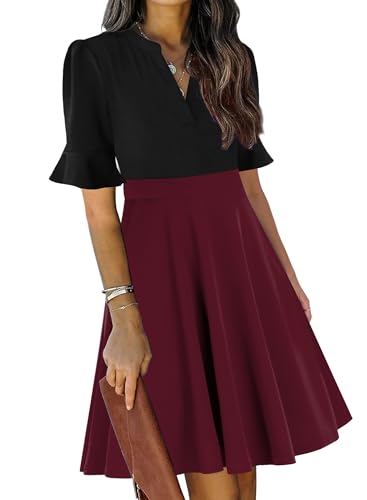 Womens Summer Dresses 2026 Color Block Ruffle Sleeve V-Neck Fit and Flare Aline Cute Cocktail Sunday Church Classy Elegant Petite Dinner Business Casual Interview Work Dress with Pockets L
