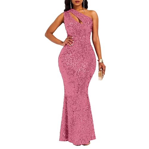 VERWIN Sequins Fashion Sleeveless Oblique Collar Mermaid Women's Maxi Dress Bodycon Party Dress M Dark Pink