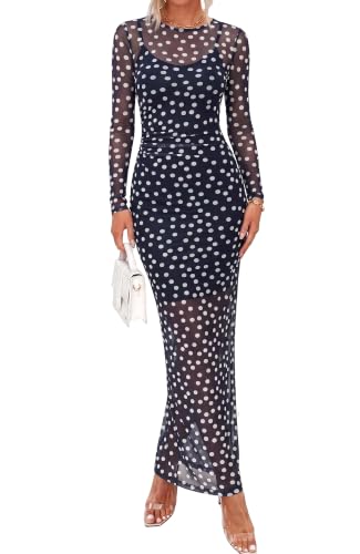 BTFBM 2 Piece Sets Fall Maxi Dresses for Women,Big Dot Navy White,Large