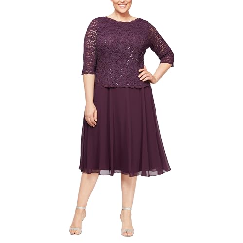 Alex Evenings Women's Tea Length Embroidered Bodice Mother of The Bride Gown, Wedding Guest Dress, Deep Plum, 12