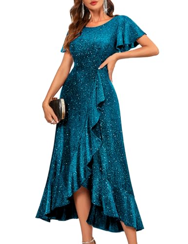 Womens Flutter Sleeve Dress Sequin Formal Prom Party Gown TealBlue XS