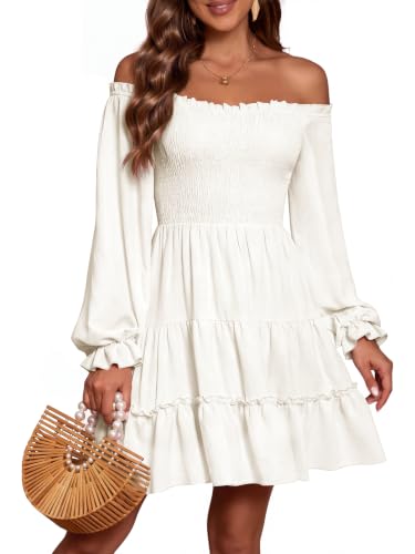 AUMORA Women's Off Shoulder Long Sleeve Smocked Flowy Short Mini Dress