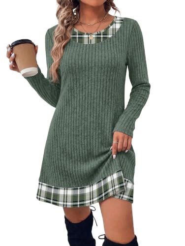 Plus Size Clothes for Women Fall Dresses Long Sleeve Dress Green Plaid 2XL | Winter Clothing, Fall Outfits, Side Pockets, Round Neck, Ribbed Knit, Graphic Patchwork, College, Preppy