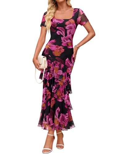ZESICA Women's Summer Floral Bodycon Maxi Dress 2026 Square Neck Mesh Ruffle Elegant Cocktail Wedding Party Long Dresses, Purple, S