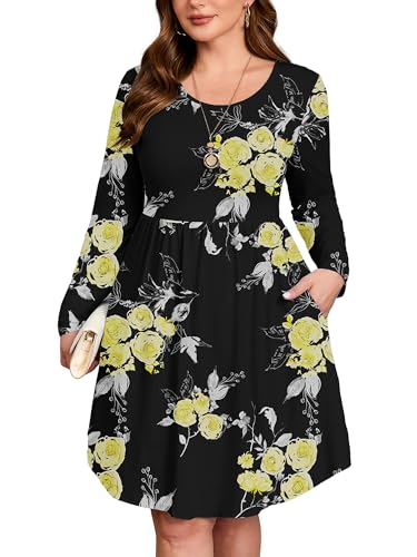 AusLook Women's Plus Size Long Sleeve Midi Dress Crewneck Casual Empire Waist Loose Flowy Dresses A-Line Boho Party 2025 Fall Winter Long Black Golden Floral 5X Dress with Pockets