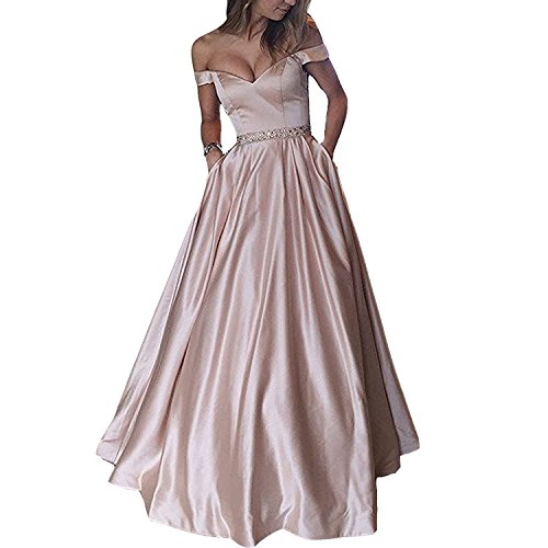 Lemai Off Shoulder Beaded Satin V Neck Corset Long Prom Dress Evening Gown Nude Pink US 4