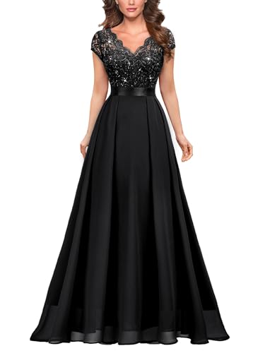 Miusol Women's Elegant V-Neck Cap Sleeve Sequined Floral Lace Formal Party Maxi Dress (XX-Large, D-Black)