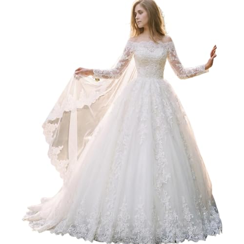 Amourine Off-the-Shoulder Long Sleeve Lace Ball Gown Wedding Dress, Elegant Bridal Gown with Corset Back (US, Numeric, 12, Regular, Regular, White)