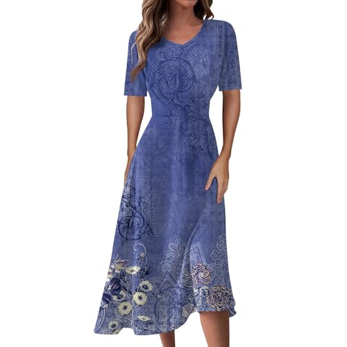 Spring Midi Dresses for Women - Party & Summer Cocktail Dresses with Flower Design (Blue, Small)