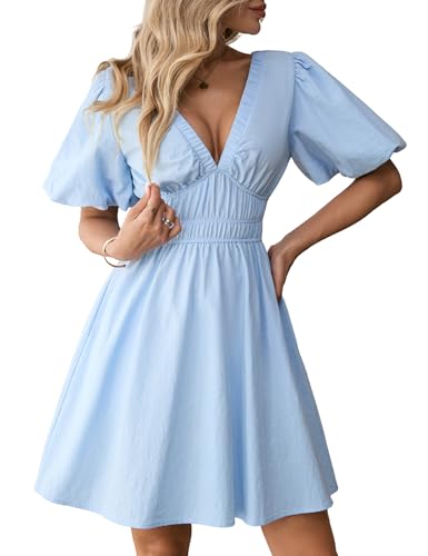 Amoretu Women's 100% Cotton Dress Summer Puff Short Sleeve Sexy Deep V-Neck Party Mini Dress (Light Blue, L)