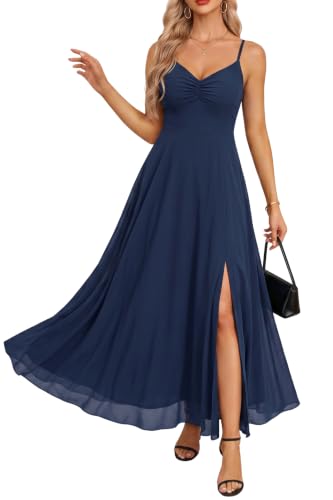 Summer Wedding Guest Dress Navy Blue Spaghetti Strap Formal Maxi Dresses | Navy Blue Summer Wedding Guest Long Dresses Formal Spaghetti Strap A Line Maxi Dress Elegant Spring Cocktail Party Dress Slit