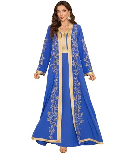 Embroidery Abayas for Women Muslim Moroccan Floral Maxi Kaftan Dress Arabic Islamic Dubai Robe Ramadan Prayer Clothes(Blue,XS)