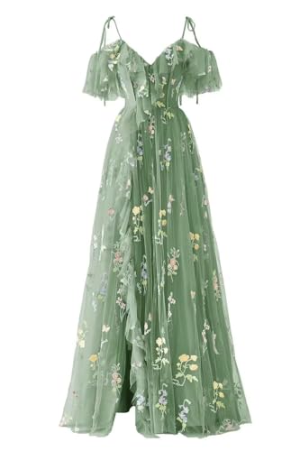 Sougoue Flower Embroidery Tulle Prom Dress Long Slit Ruffle Dark Green 18