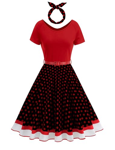 1950s Dress for Women with Headband 50s Dresses for Women Vintage 50's Style Polka Dot Audrey Hepburn Rockabilly Swing Dress Short Sleeve Patchwork Tea Party Cocktail Dresses Belt Red + Black S
