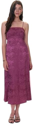 Rebecca Taylor Neveah Jacquard Cami Dress – Women's Fluid Viscose Midi Slip Gown, Elegant Lace Trim Cocktail Party Dress, Plum and Noir