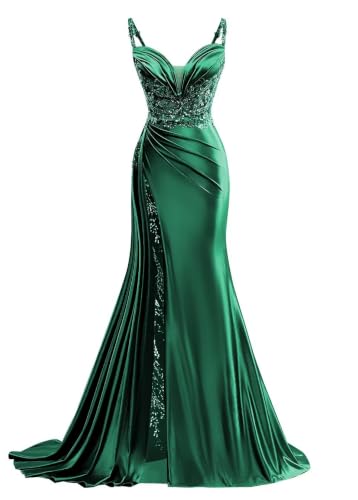 V Neck Satin Prom Dresses Long Mermaid Lace Formal Evening Gown with Slit