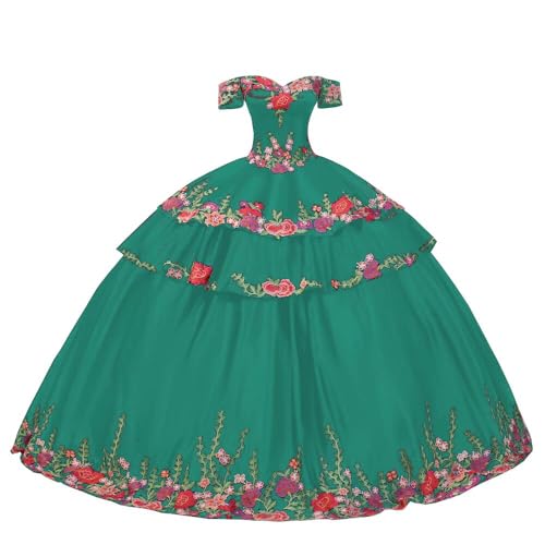 Mollybridal Modern Off the Shoulder Printed Flowers Ball Gown Wedding Dresses for Women Layers Applique Aqua 18