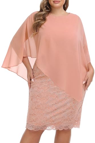Plus Size Dresses for Wedding Guest Pink Graduation Chiffon Lace Cape Rose Pink Ladies Mother of Bride Semi Formal Dress