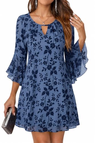 OWIN Women Blue Floral Mesh Wedding Guest Dress 3/4 Sleeve A-Line Dress M | Flocked floral mesh, keyhole neckline, 3/4 bell sleeves, flattering A-line fit, wedding guest, bridal shower dress, Church