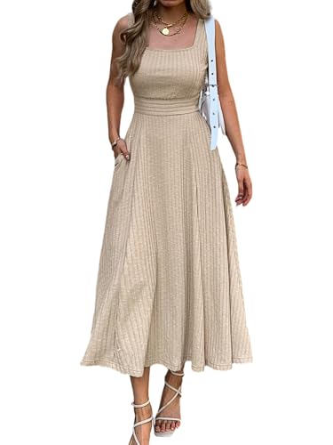 Evzeiem Womens Summer Maxi Dress with Pocket Square Neck Sleeveless Knit A Line Long Flowy Dress Beach Vacation Boho Sundress, Khaki M