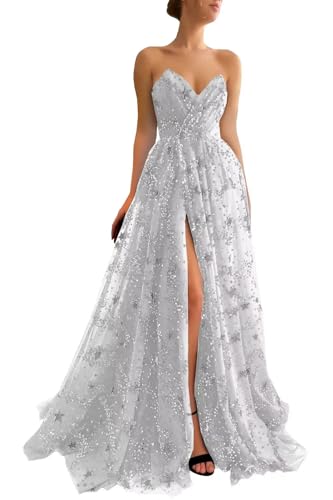 UZN Long Sparkle Starry Tulle Prom Dresses for Women with Split Silver Grey Glittery Strapless V-Neck Formal Evening Party Gown Floor Length with Pockets US4