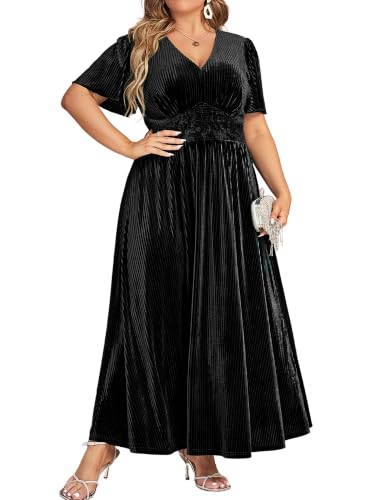 Simplee Women's V Neck Plus Size Velvet Maxi Dress Short Sleeve Evening Party Long Formal Dress for Wedding Guest(3XL Black)