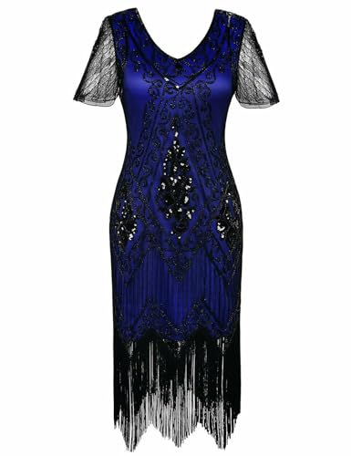 866-1920s Vintage Fringed Gatsby Sequin Beaded Tassels Hem Flapper Party Prom Cocktail Dress (Blue Black, S)