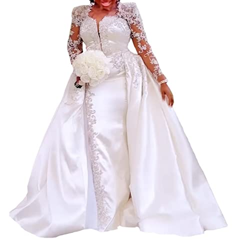 OnsmO Customize African Satin Appliques Mermaid Women Ball Gown Wedding Dresses for Brides with Long Sleeves Train White, 16