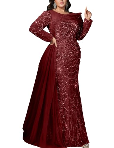 VOUIAO Women Sequin Plus Size Evening Gown Beaded Prom Dress Burgundy 5XL