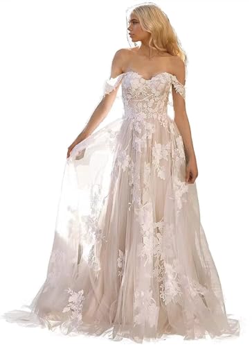Fair Lady Off Shoulder Wedding Dresses for Women Bride 2025 with Lace Appliques Tulle Romantic Sexy Bridal Ball Gowns for Women Champgane 10
