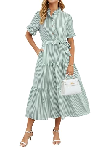 Womens Summer Dress Cotton Striped Button Up Maxi Dresses Ruffled Sleeve