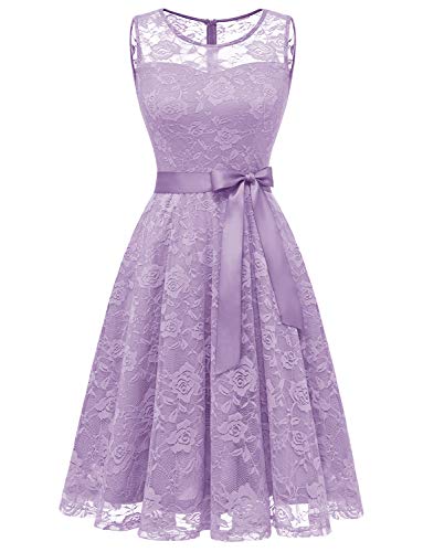 Dressystar 0009 Floral Lace Dress Short Bridesmaid Dresses with Sheer Neckline Lavender XL