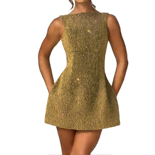 BNGD Women's Backless Vest Basic Dress Sexy Slim Short Dress(Color:Flash Gold,Size:M)