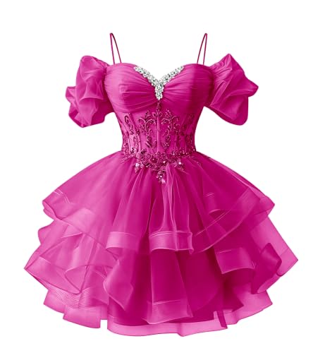 Uryouthstyle Fuchsia Tiered Tulle Cold Shoulder Homecoming Dresses Sparkly Beaded Lace Applique Pleated Sequined Short Prom Dress for Teens Quinceanera DAMA Dress US18W
