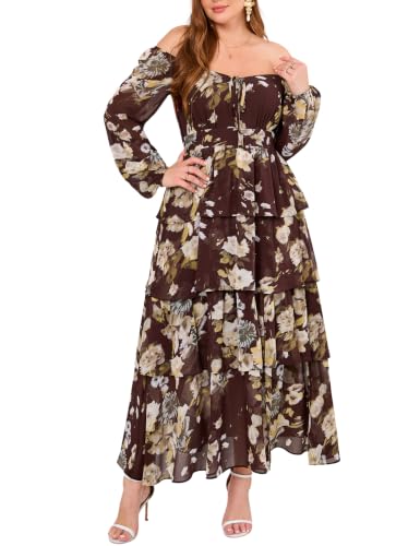 EYWOL Plus Size Long Sleeve Floral Tiered Semi Formal Wedding Guest Dress | Chiffon Maxi, On or Off Shoulder, Flowy A-Line, Side Slit, Elastic Back Waist, Cocktail, Dinner Party, Engagement, Prom, Gala