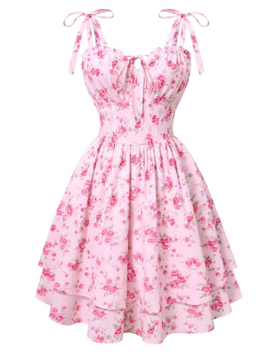 Floral Mini Dress for Women Teens Corset Graduation Sundress Pink Flower S | Sleeveless milkmaid sweetheart neckline, adjustable tie straps, cinched waist, summer dresses for Homecoming with pockets