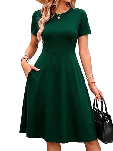 MSLG A Line Dresses for Women Summer Business Casual Work Party Church Knee Length Fit and Flare Petite Dress with Pockets 162 M Dark Green