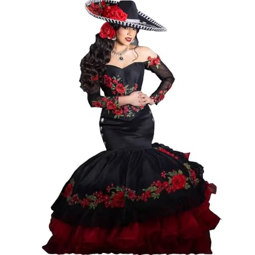 Off Shoulder Long Sleeves Floral Red Flowers Embroidered Mermaid Formal Prom Dresses Sweet 15 Girls Black/Red 18plus