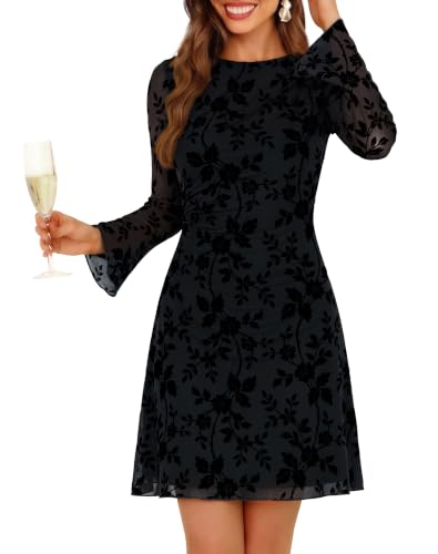 Zattcas Womens Fall Floral Bell Long Sleeve Mini Dress Black S