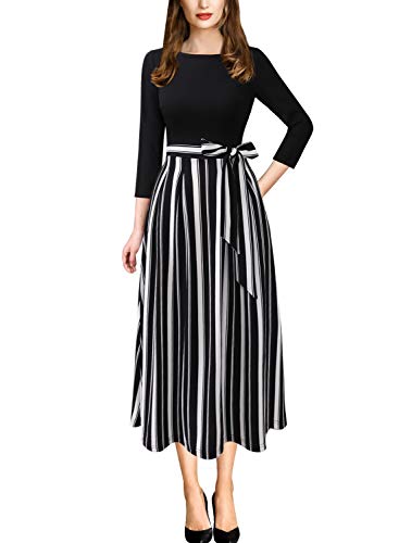 VFSHOW Womens Work Business Casual Church Pockets Belted A-Line Midi Dress