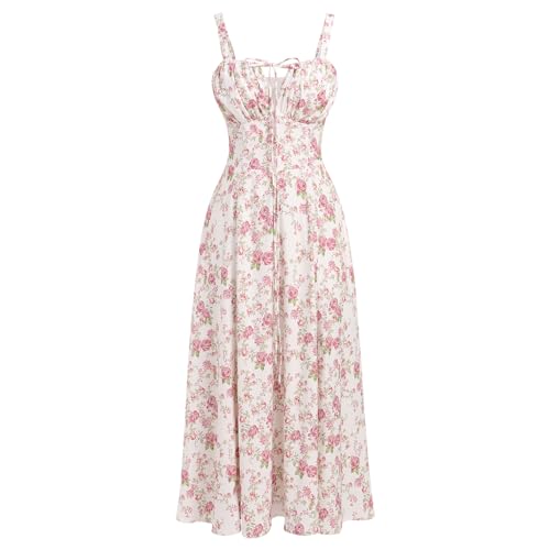 IBTOM CASTLE Floral Dress for Women Corset Sundress White+Pink Floral S