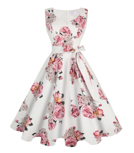 Girstunm 1950s Sleeveless Tea Party Swing Pockets Dress Pink Flower L
