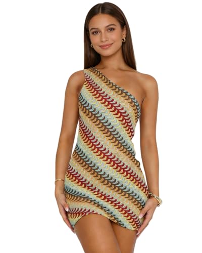 ZGMYC Women‘s Sexy One Shoulder Mini Dress Striped Crochet Vacation Dress Sleeveless Bodycon Dresses for Beach Party Multicolored