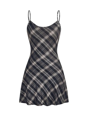 WDIRARA Women's Plaid Cami Dress Sleeveless Flared Hem Mini Dress