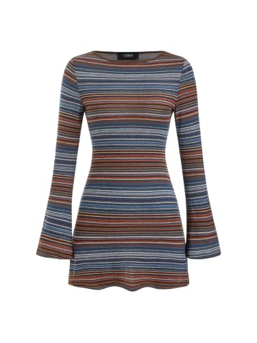 CIDER Women's Striped Jersey Boat Neck Bell Sleeve Flared Mini Dress | Fall Stretch Knit Everyday Apparel: Mid Blue, M
