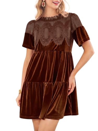 Wenrine Womens Velvet Dress Fall Lace Short Sleeve Babydoll Mini Dresses